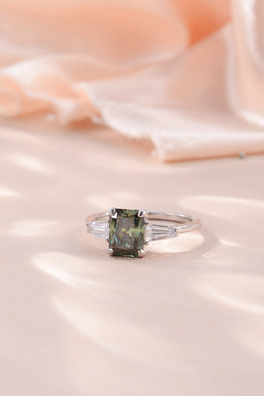 2 Carat Green Radiant-Cut Moissanite Platinum Over Pure Sterling Silver Ring - Sparkala