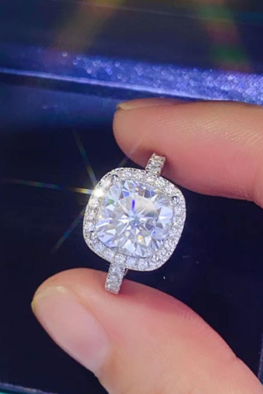 3 Carat Cushion-Cut Moissanite Platinum Over Pure Sterling Silver Square Ring - Sparkala