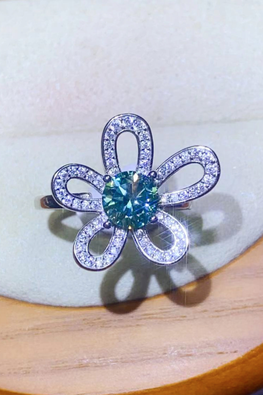 1 Carat Green Moissanite Flower Shape Open Ring - Sparkala