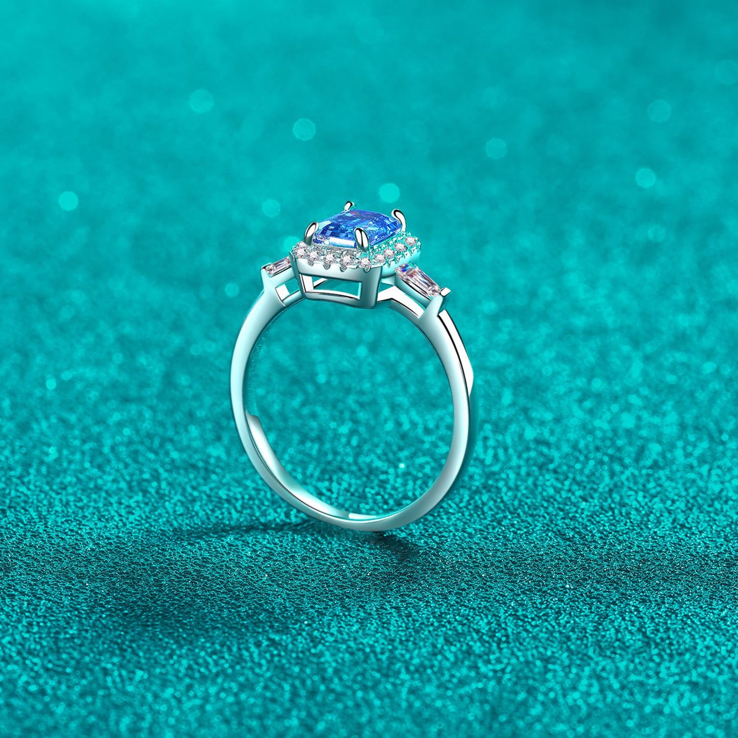 1 Carat Blue Emerald-Cut Moissanite Pure Sterling Silver Ring - Sparkala
