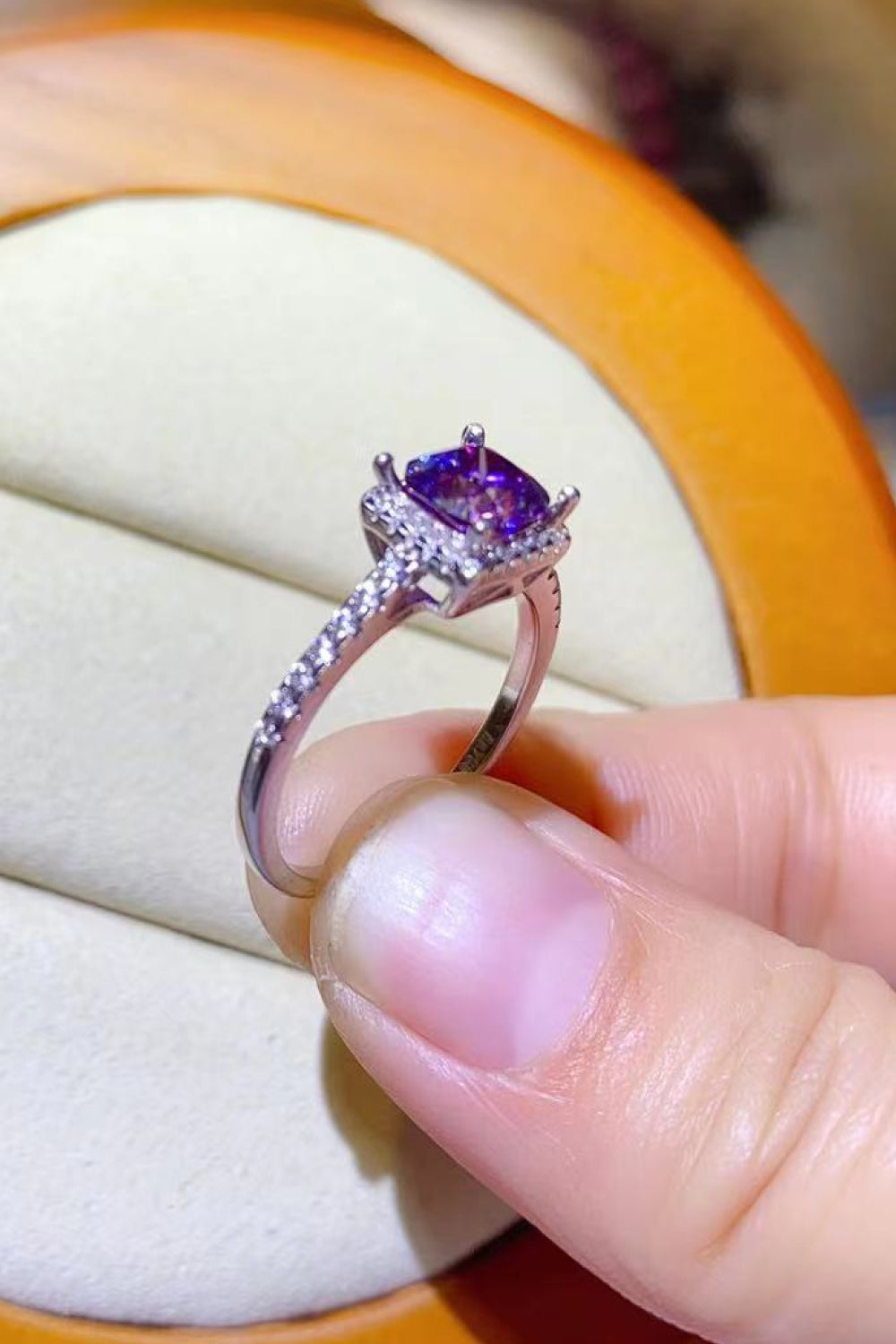 1 Carat Purple Moissanite Platinum-Plated Square Ring - Sparkala