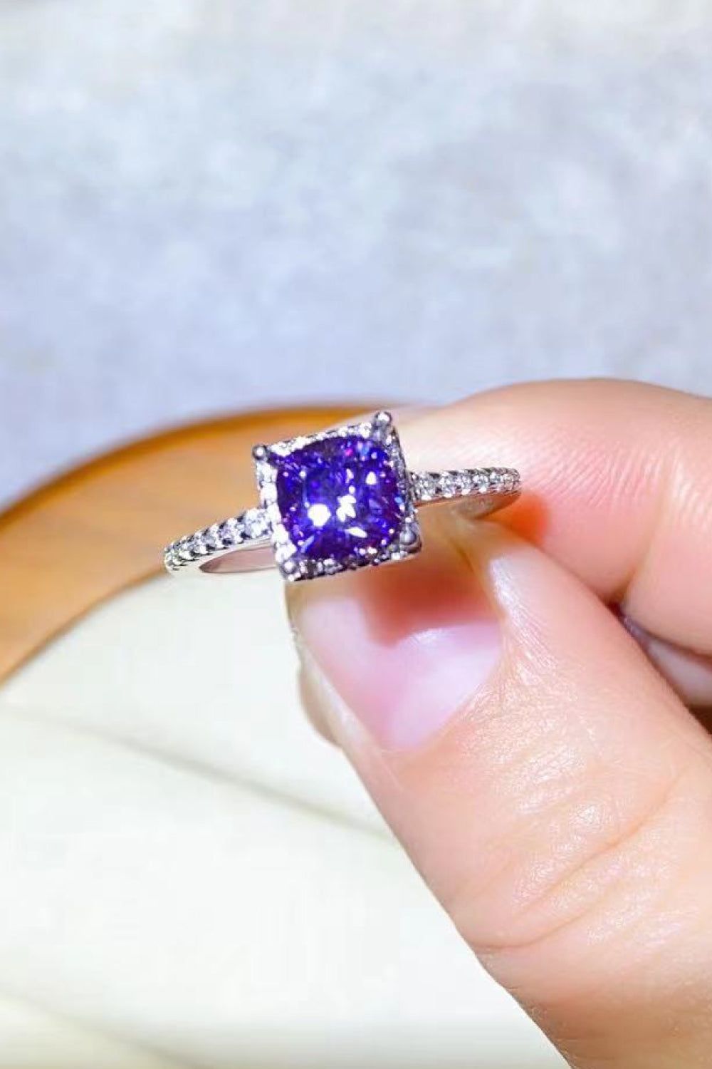 1 Carat Purple Moissanite Platinum-Plated Square Ring - Sparkala