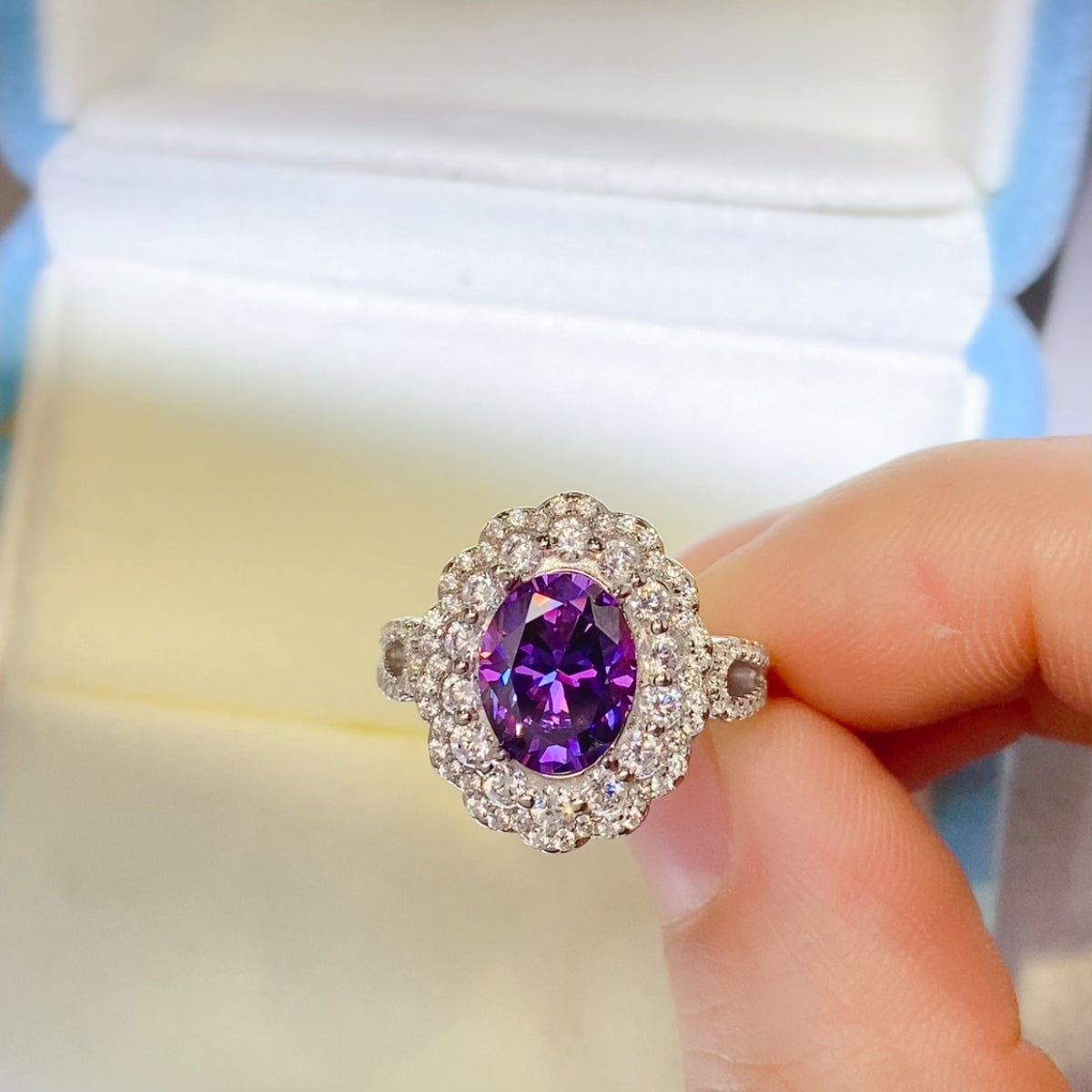 2 Carat Purple Oval-Cut Purple Oval-Cut Moissanite Pure Sterling Silver Halo Ring - Sparkala