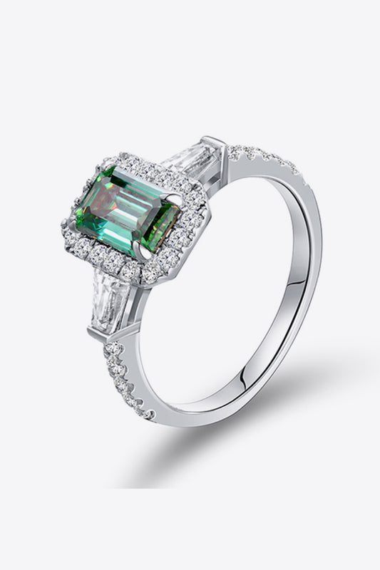 1 Carat Green Emerald-Cut Moissanite Platinum Over Pure Sterling Silver Ring - Sparkala