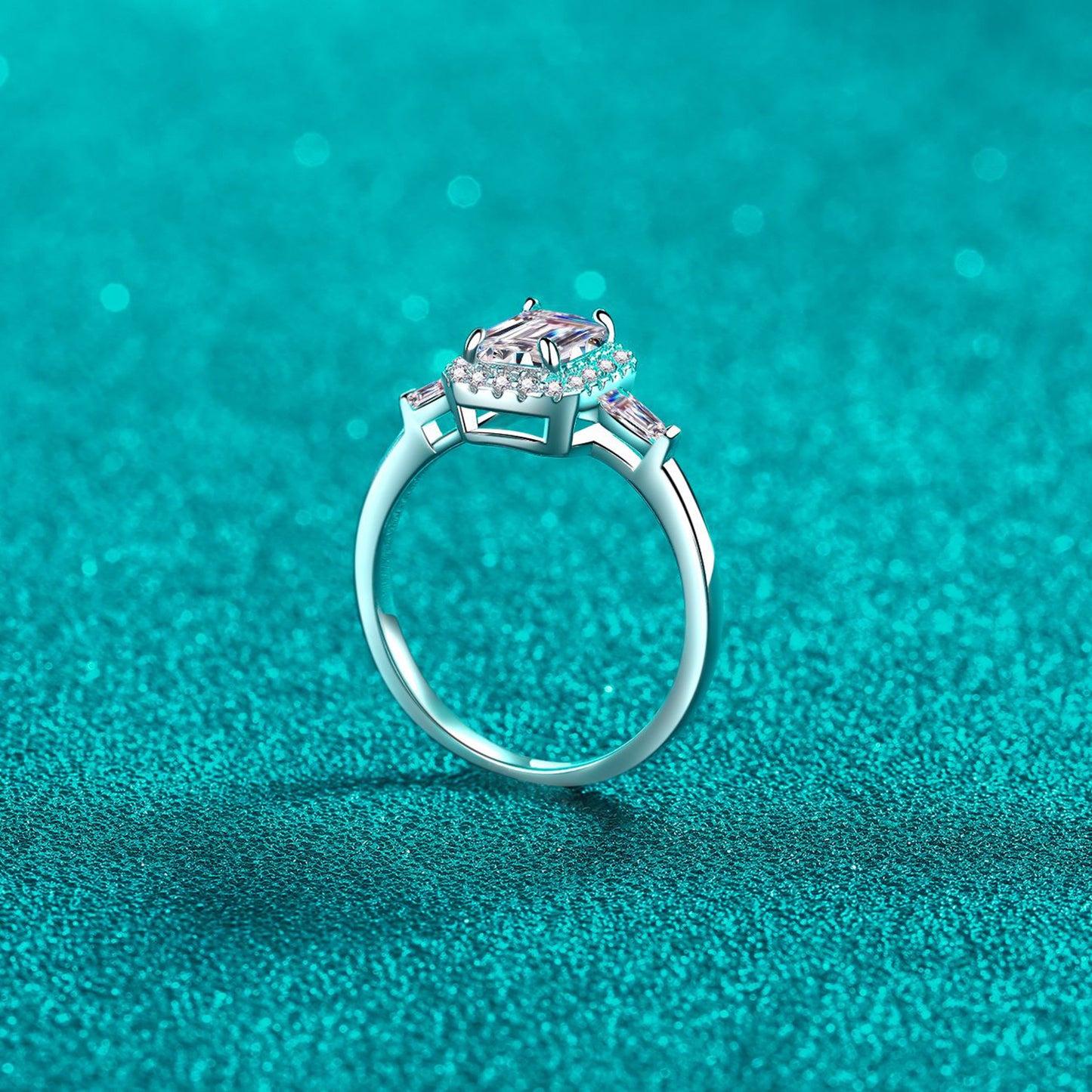 1 Carat Blue Emerald-Cut Moissanite Pure Sterling Silver Ring - Sparkala