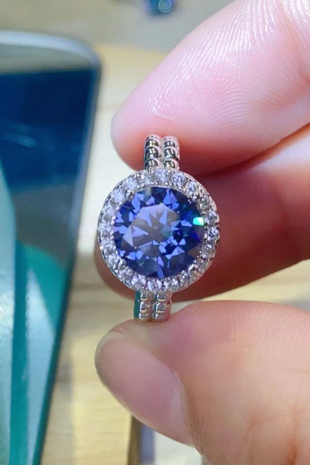 Let It Go 2 Carat Blue Blue Brilliant Round Cut Sparkala™ Moissanite Halo Ring