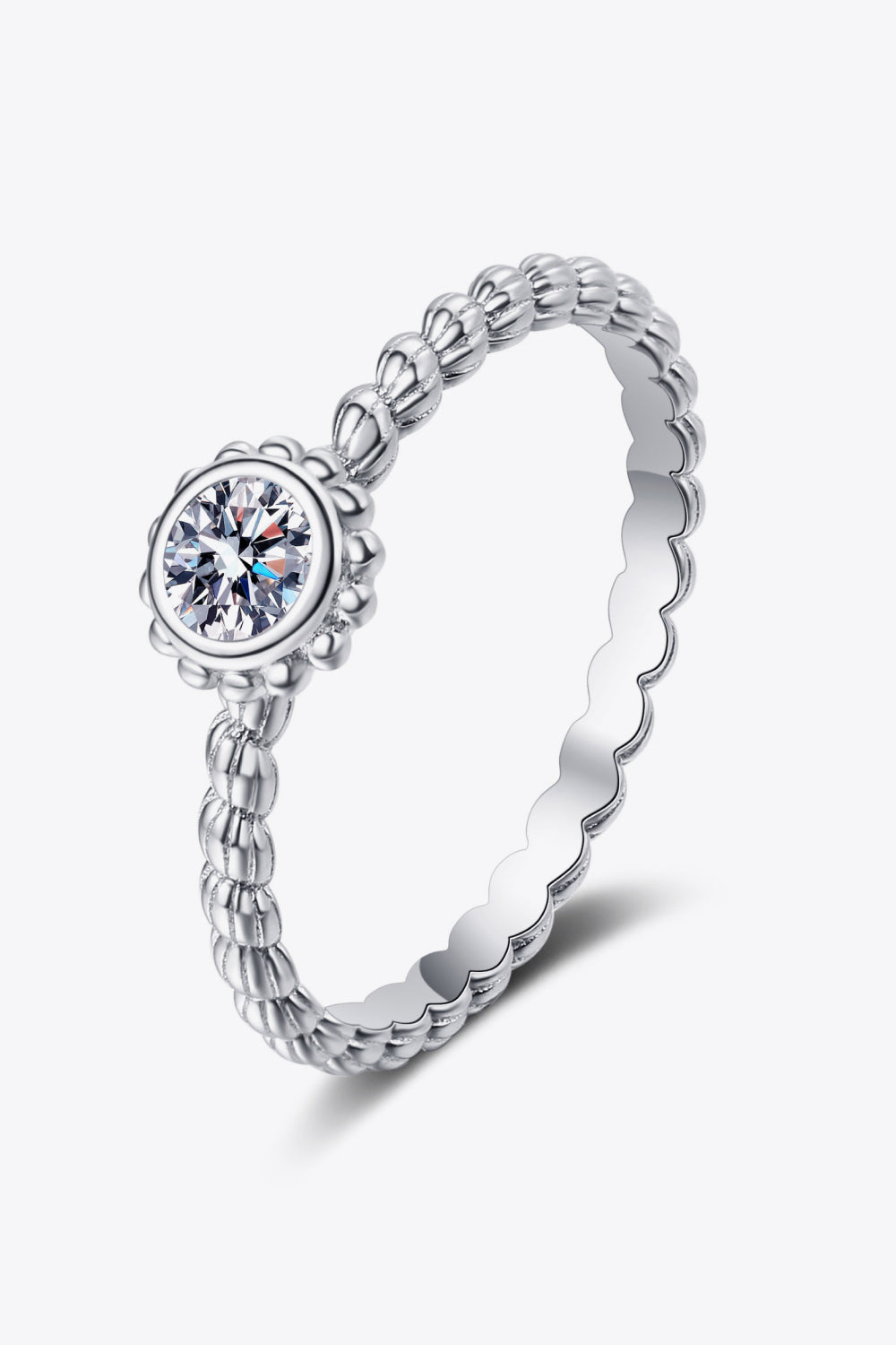 Brilliant Round Cut Sparkala™ Moissanite Rhodium-Plated Beaded Ring