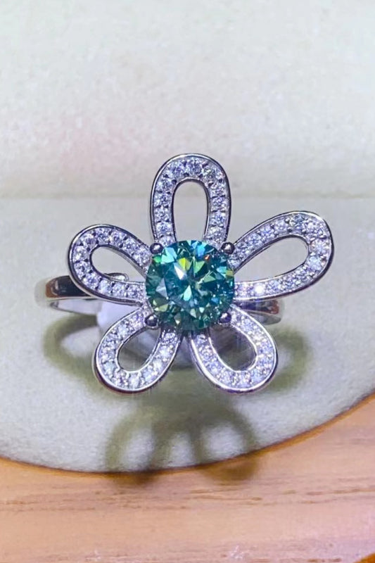 1 Carat Green Moissanite Flower Shape Open Ring - Sparkala