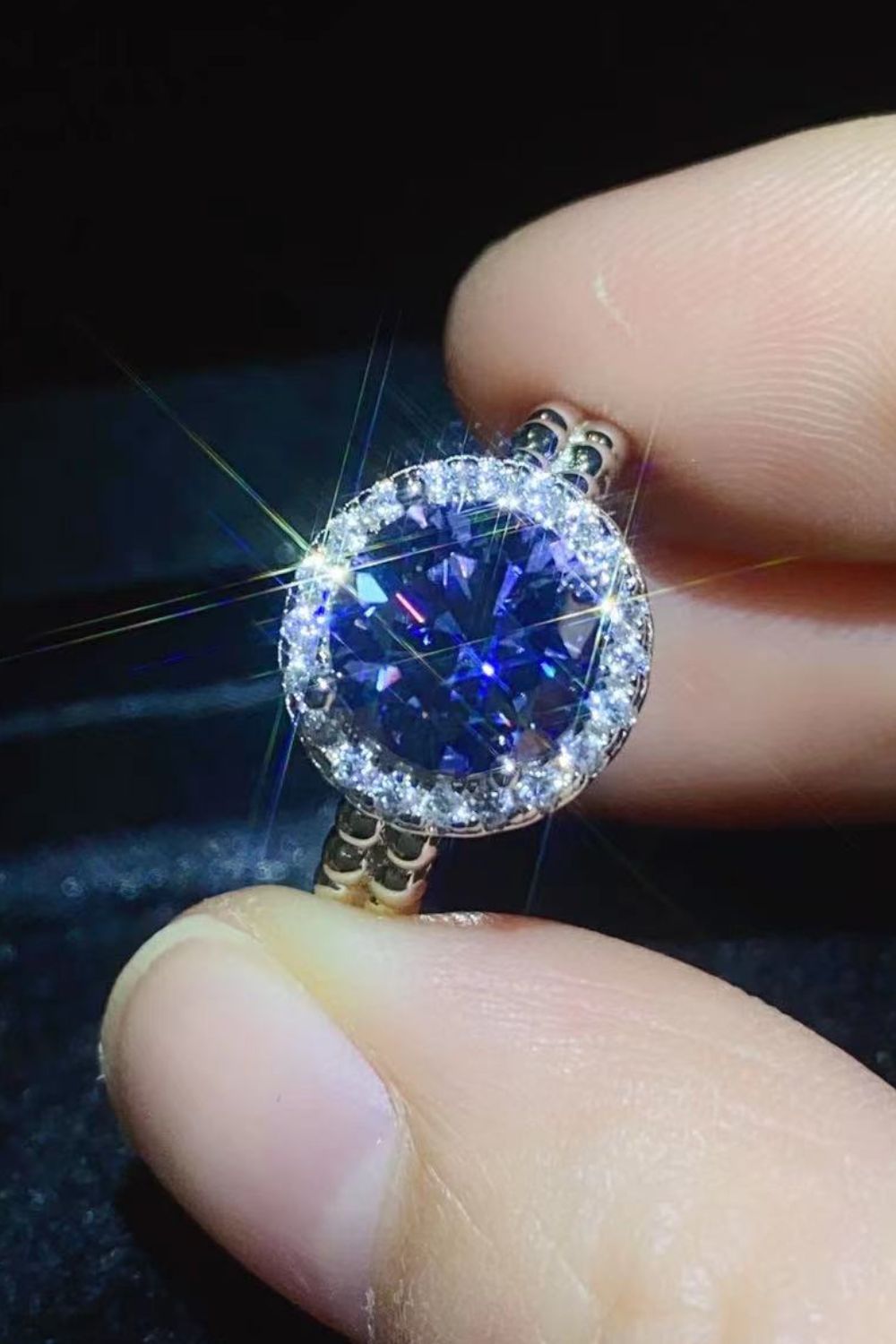 Let It Go 2 Carat Blue Blue Brilliant Round Cut Sparkala™ Moissanite Halo Ring