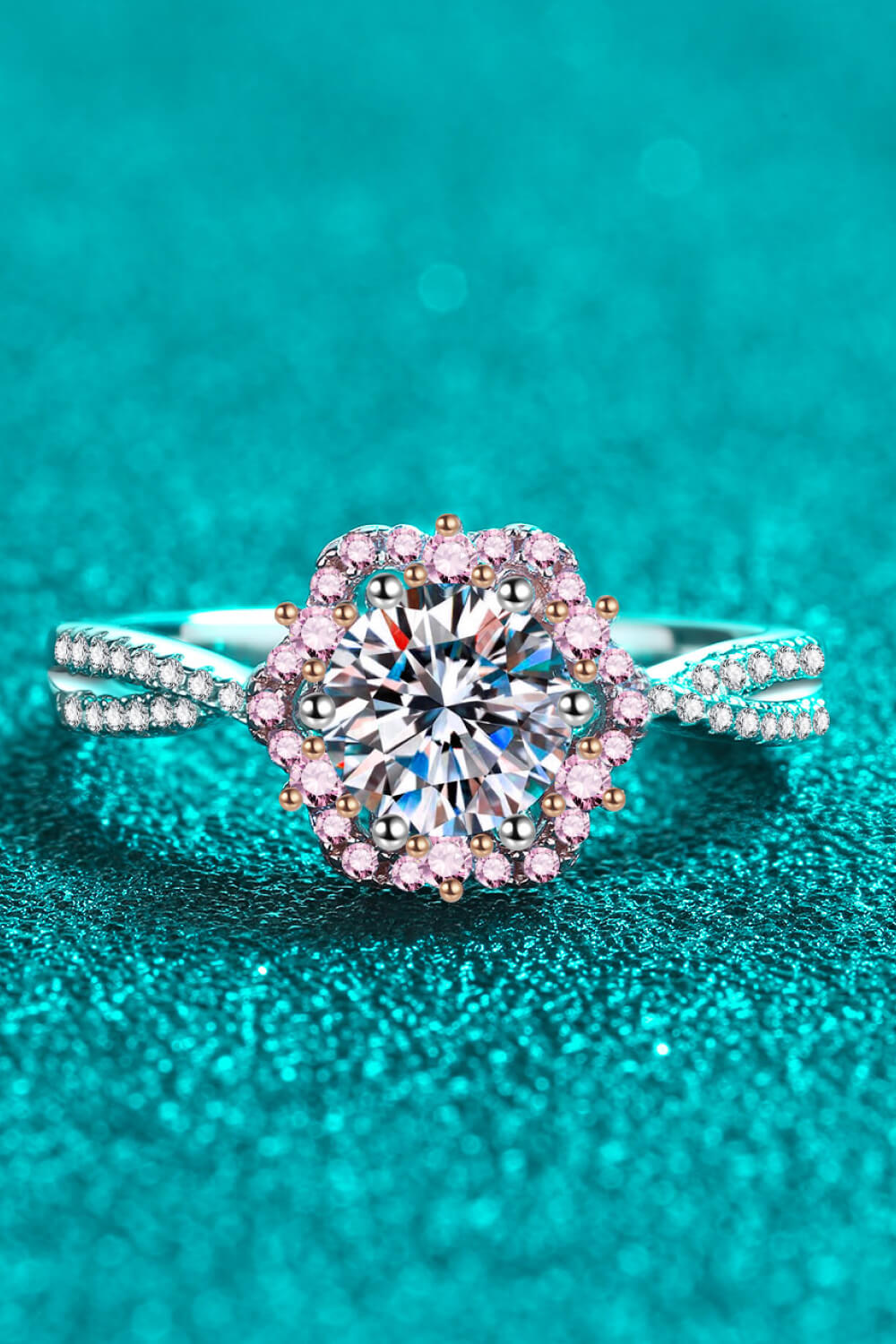 1 Carat Pink Round Brilliant Cut Moissanite Flower-Shaped Crisscross 925 sterling silver Ring - Sparkala