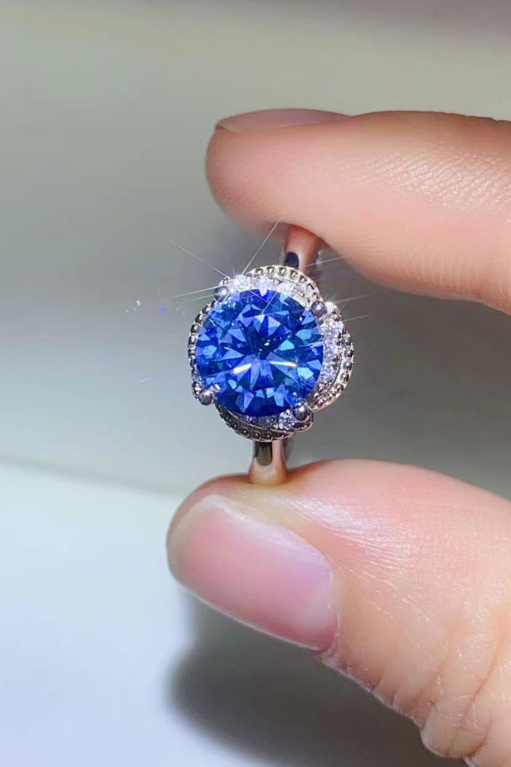 2 Carat Blue Moissanite Contrast Platinum Over Pure Sterling Silver Ring - Sparkala