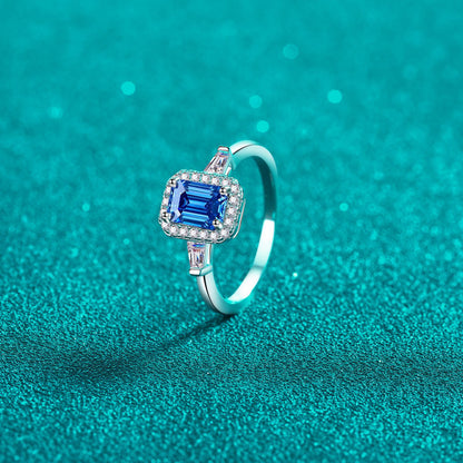 1 Carat Blue Emerald-Cut Moissanite Pure Sterling Silver Ring - Sparkala