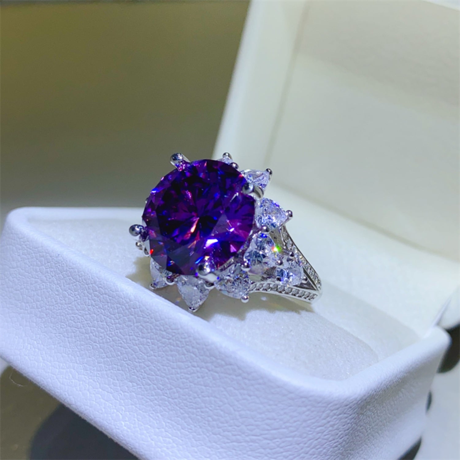 10 Carat Purple Moissanite Pure Sterling Silver Flower Shape Ring - Sparkala