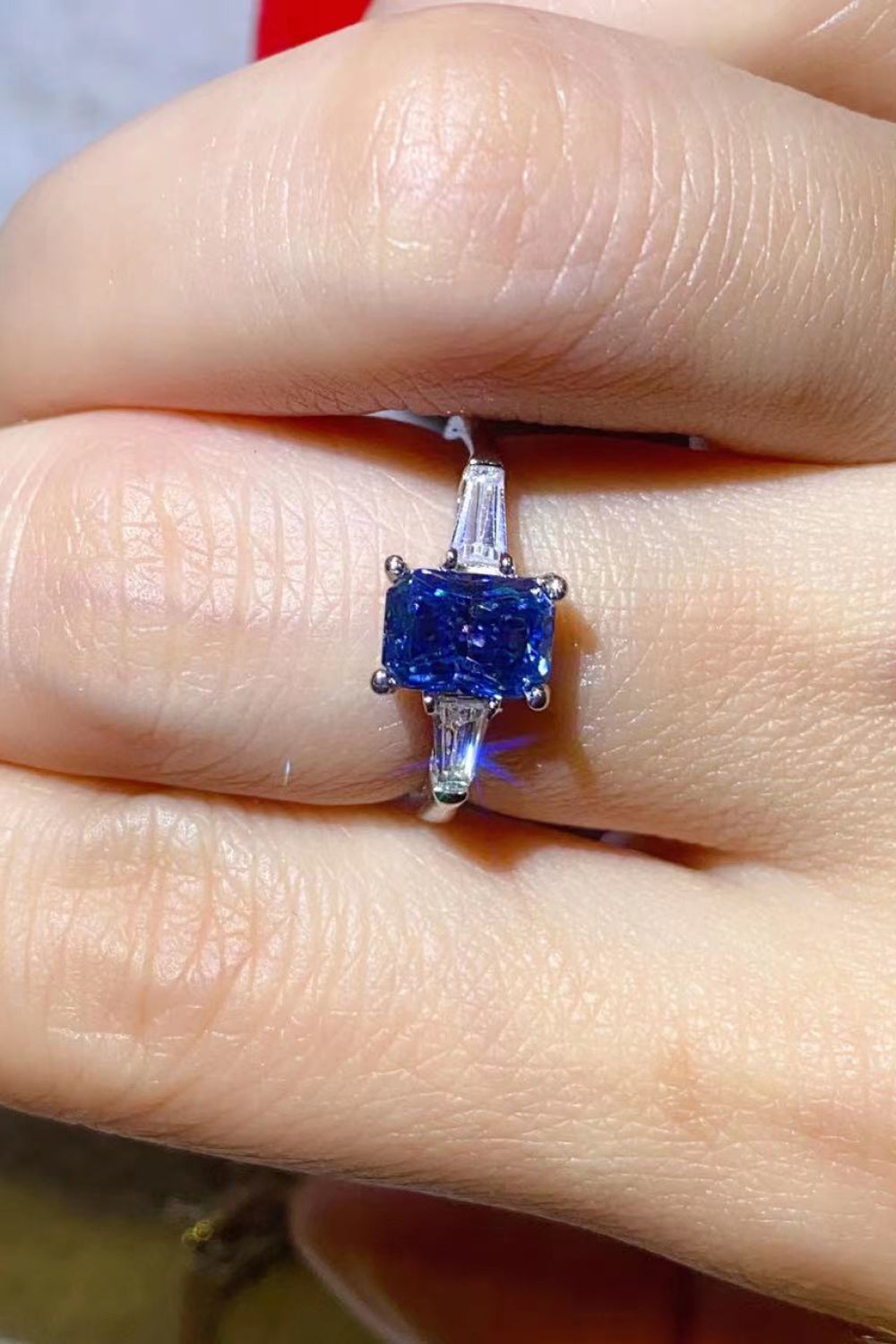 1 Carat Blue Radiant-Cut Moissanite Platinum-Plated Rectangle Ring in Blue - Sparkala