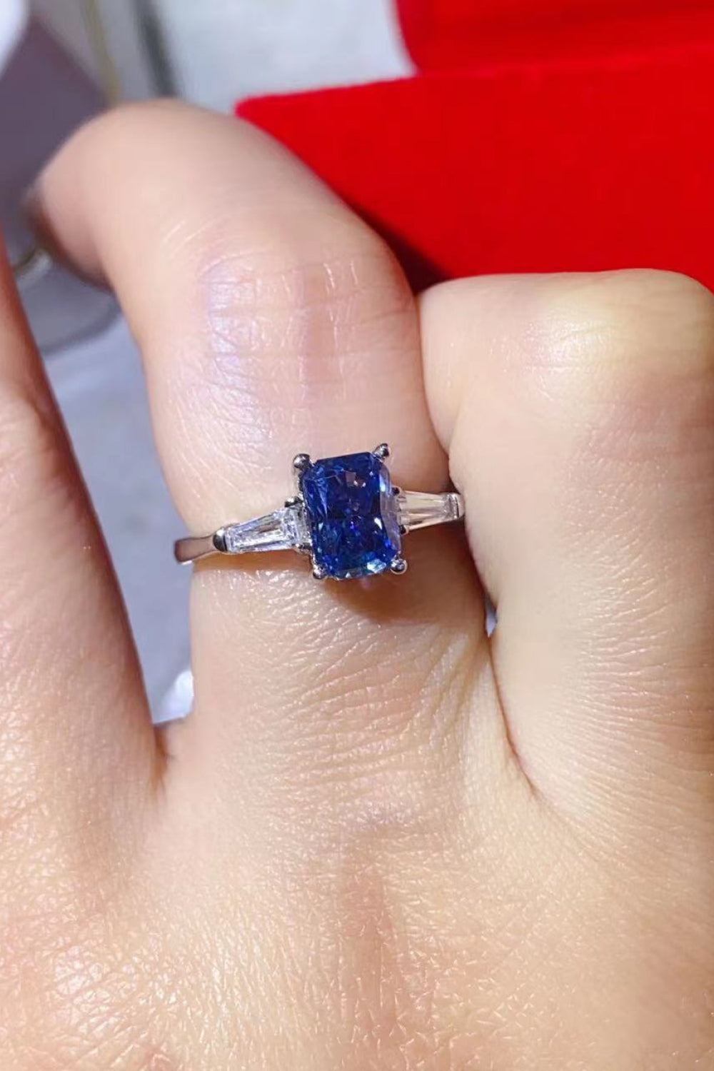 1 Carat Blue Radiant-Cut Moissanite Platinum-Plated Rectangle Ring in Blue - Sparkala
