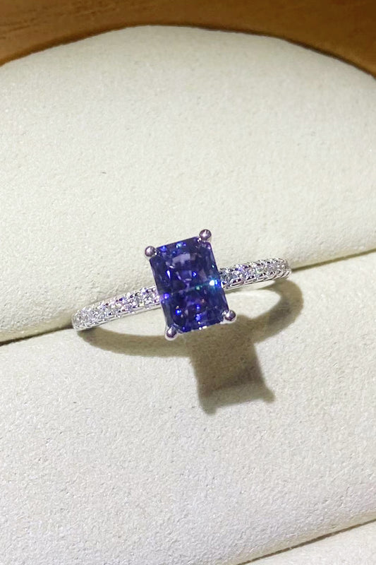 1 Carat Moissanite Platinum Over Pure Sterling Silver Rectangle Ring in Blue - Sparkala