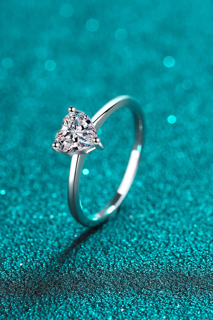 Rhodium Over Pure Sterling Silver Heart-Shaped Moissanite Solitaire Ring
