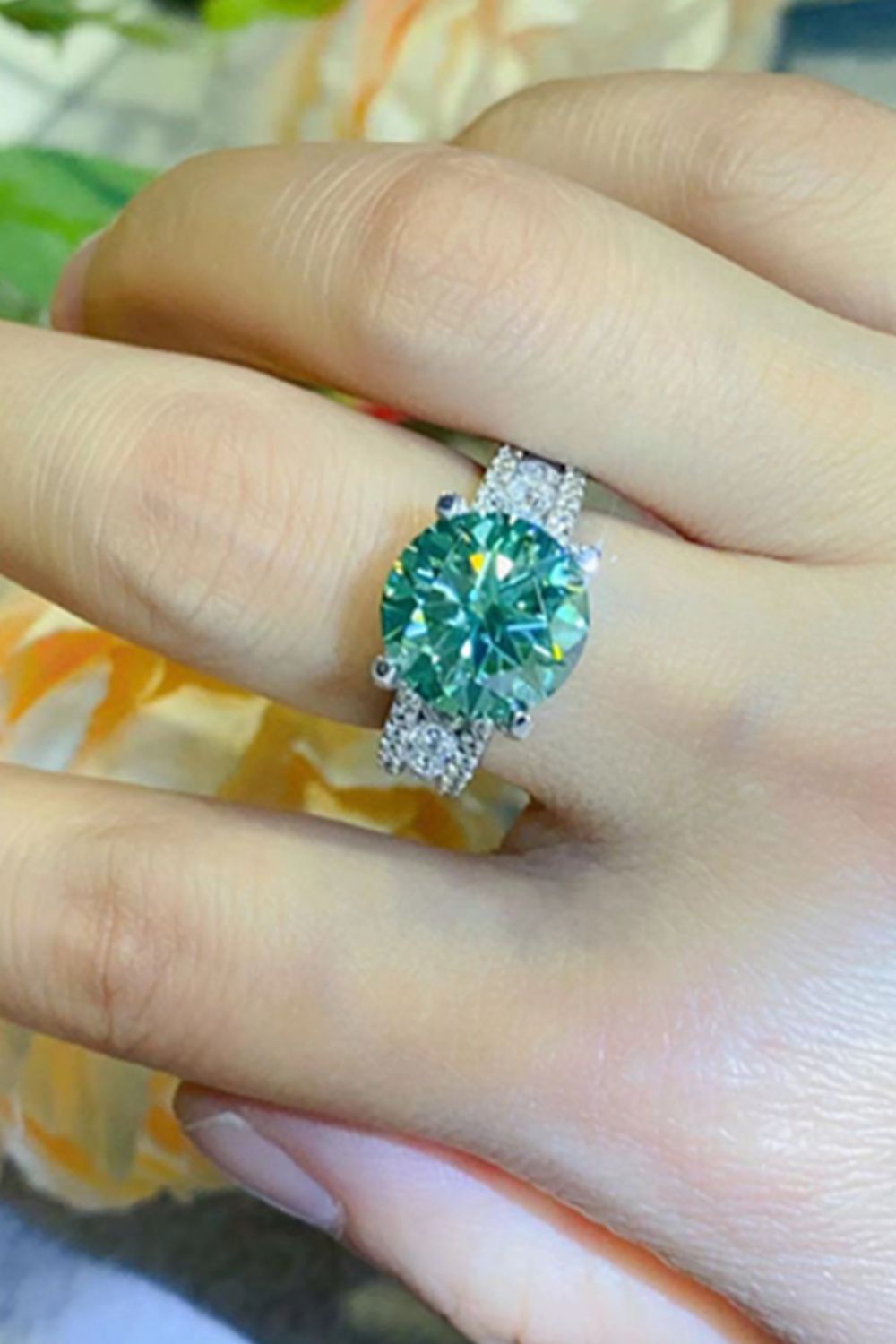 5 Carat Green Round Brilliant Cut Moissanite 4-Prong Wide Band Ring - Sparkala
