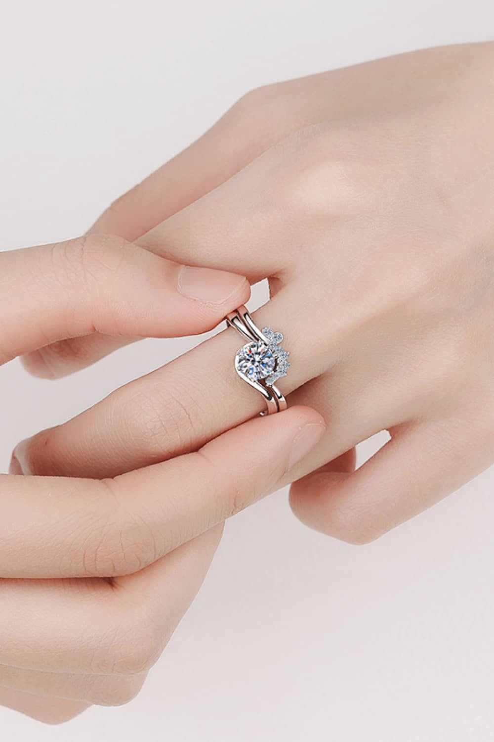 Brilliant Round Cut Moissanite Rhodium-Plated Two-Piece Ring Set