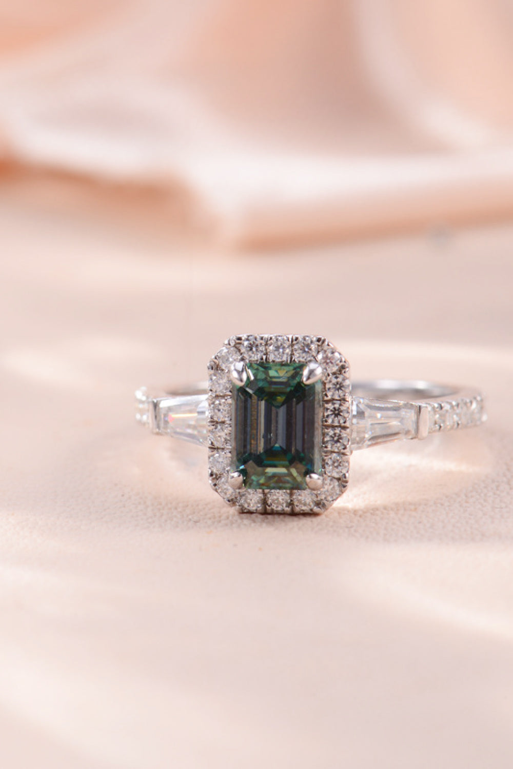 1 Carat Green Emerald-Cut Moissanite Platinum Over Pure Sterling Silver Ring - Sparkala