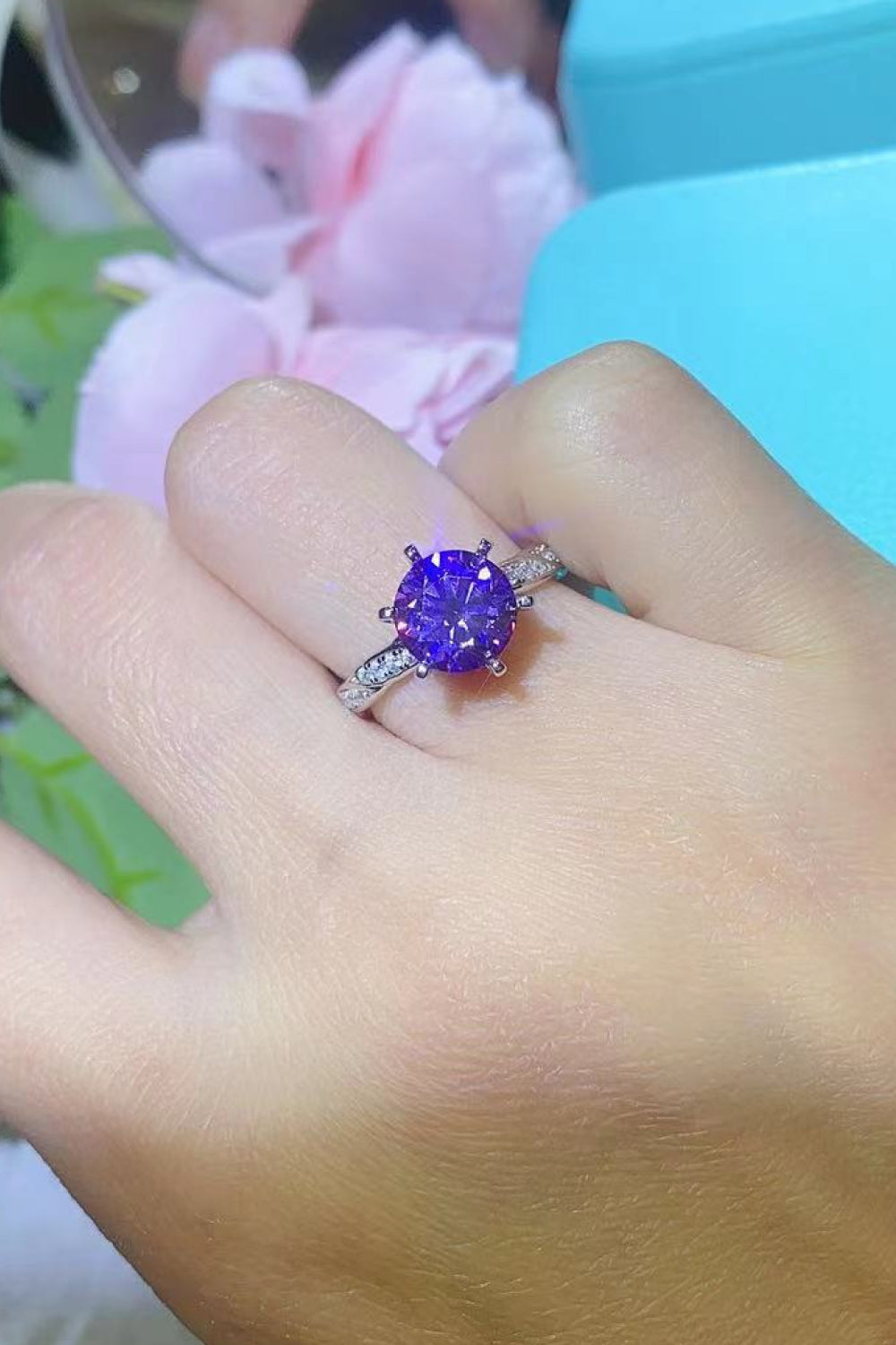 Nice To Meet You 2 Carat Purple Brilliant Round Cut Moissanite Platinum Over Pure Sterling Silver Ring