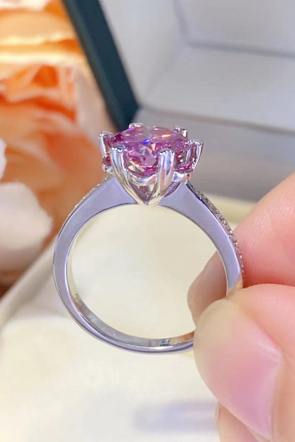 Shining For You 2 Carat Pink Brilliant Round Cut Moissanite Platinum Over Pure Sterling Silver Ring
