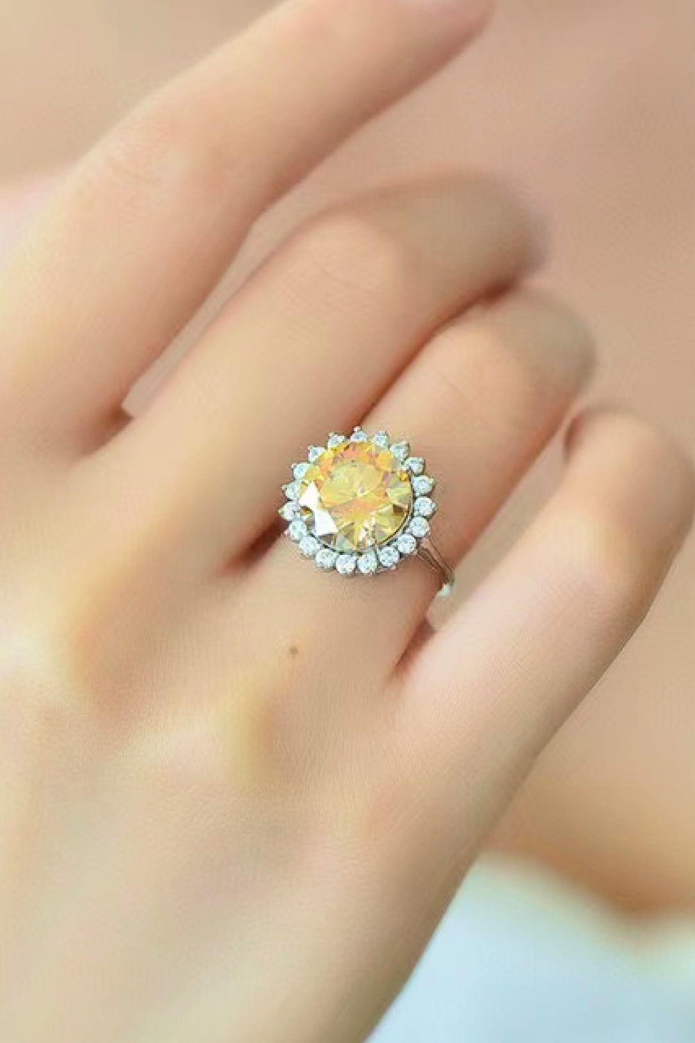 Platinum Over Pure Sterling Silver 2 Carat Yellow Moissanite Sunflower Ring