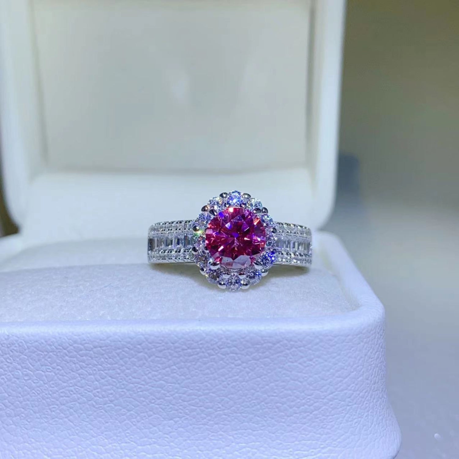 1 Carat Fuschia Red Moissanite Pure Sterling Silver Halo Ring - Sparkala