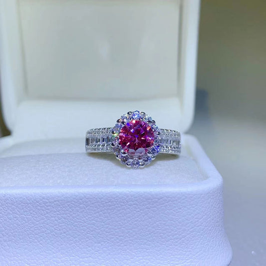 1 Carat Fuschia Red Moissanite Pure Sterling Silver Halo Ring - Sparkala