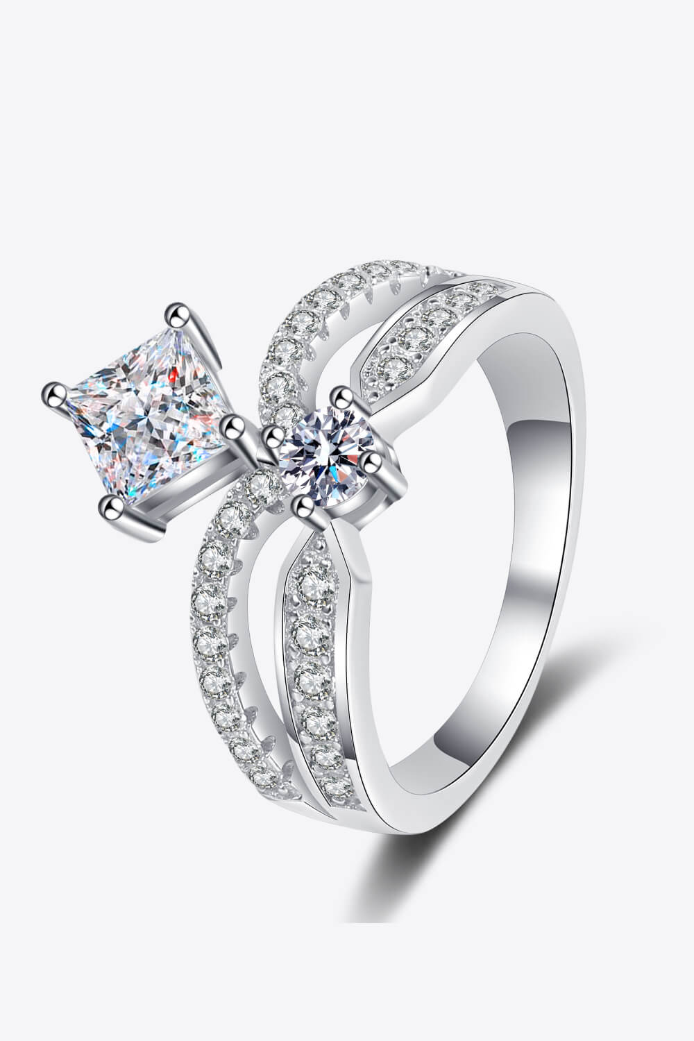 Rhodium Over Pure Sterling Silver Radiant-Cut Moissanite Crown Ring