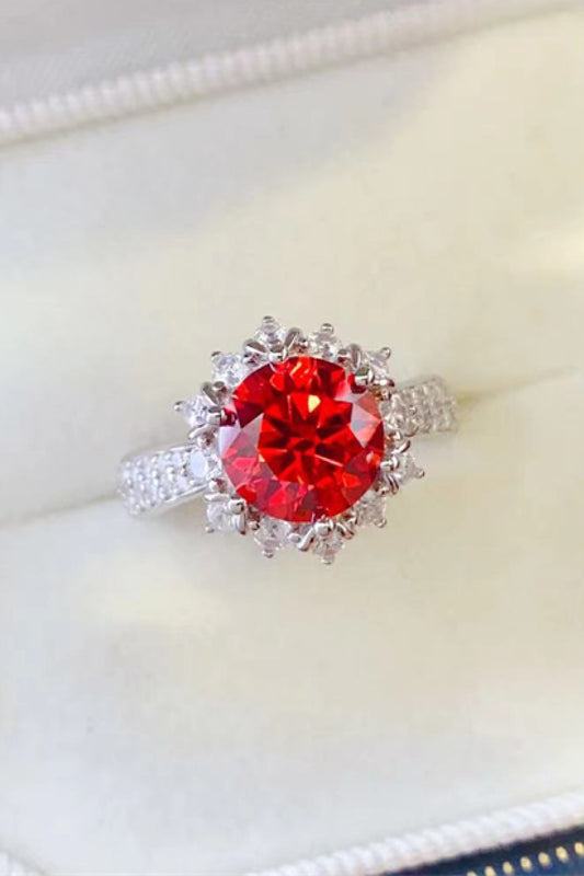 2 Carat Red Round Brilliant Cut Moissanite Platinum Over Pure Sterling Silver Halo Ring - Sparkala