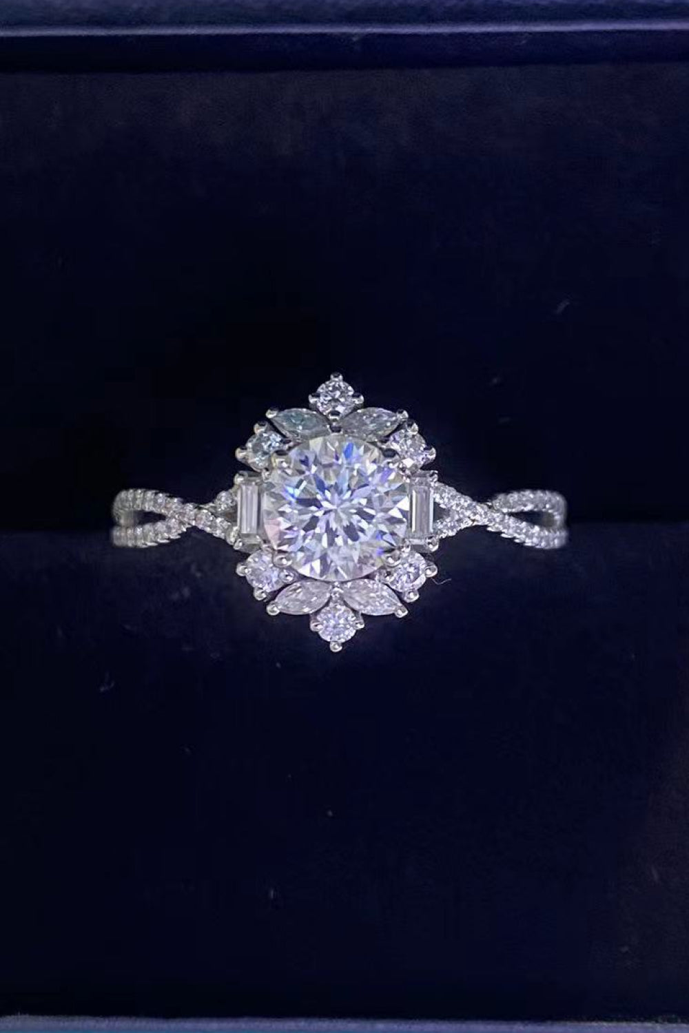 Floral 2 Carat Moissanite Crisscross Ring (Platinum Over Pure Sterling Silver) - Sparkala