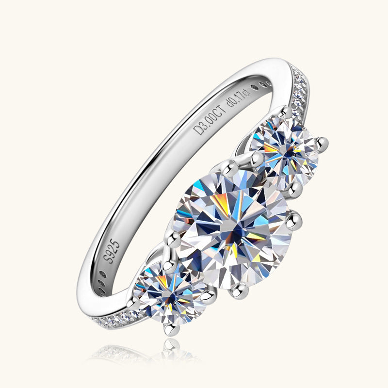 3 Carat 3-Stone Round Round Brilliant Cut Moissanite Platinum-Plated 925 Sterling Silver Ring - Sparkala
