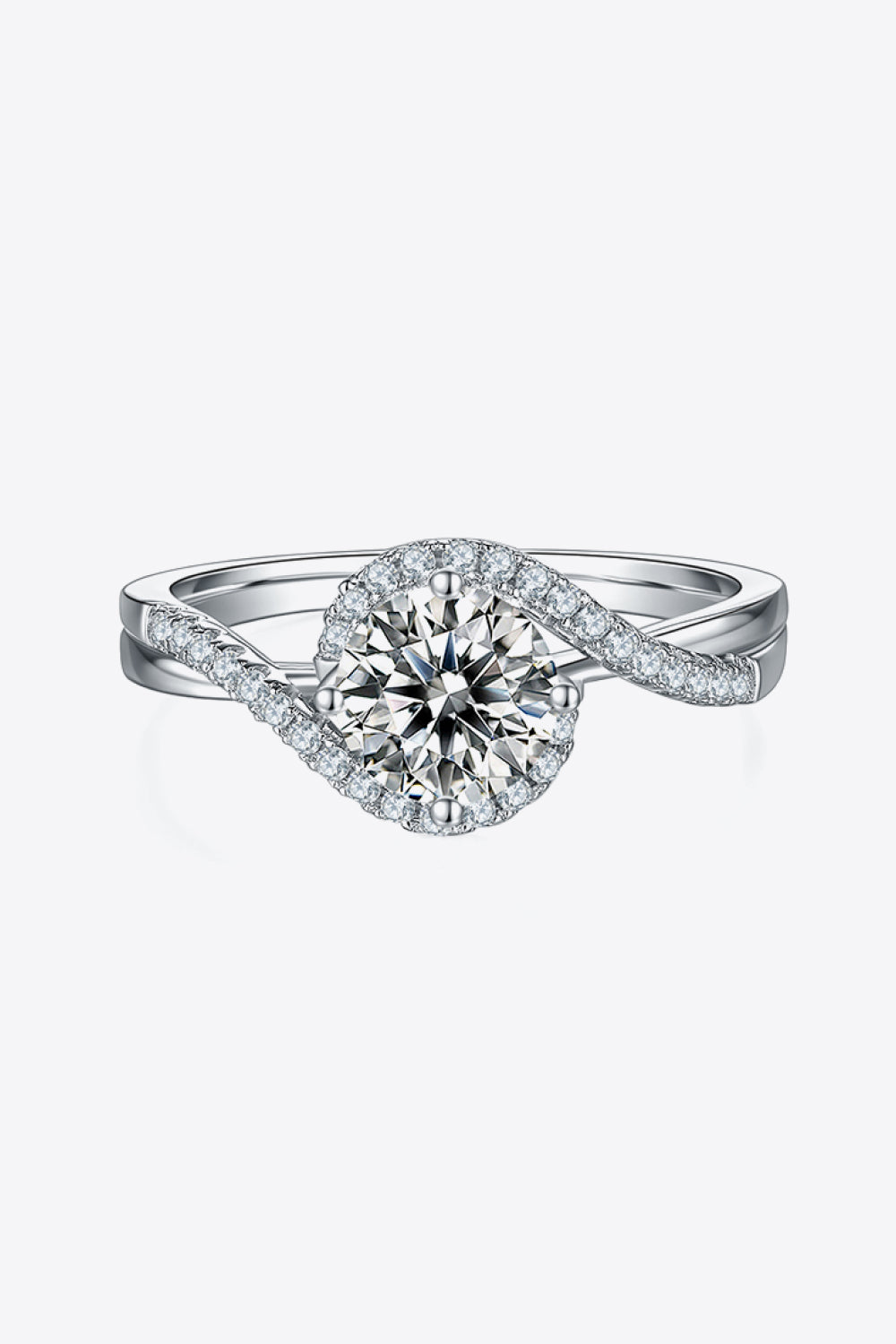 Adored 1 Carat Brilliant Round Cut Sparkala™ Moissanite Platinum Over Pure Sterling Silver Crisscross Ring