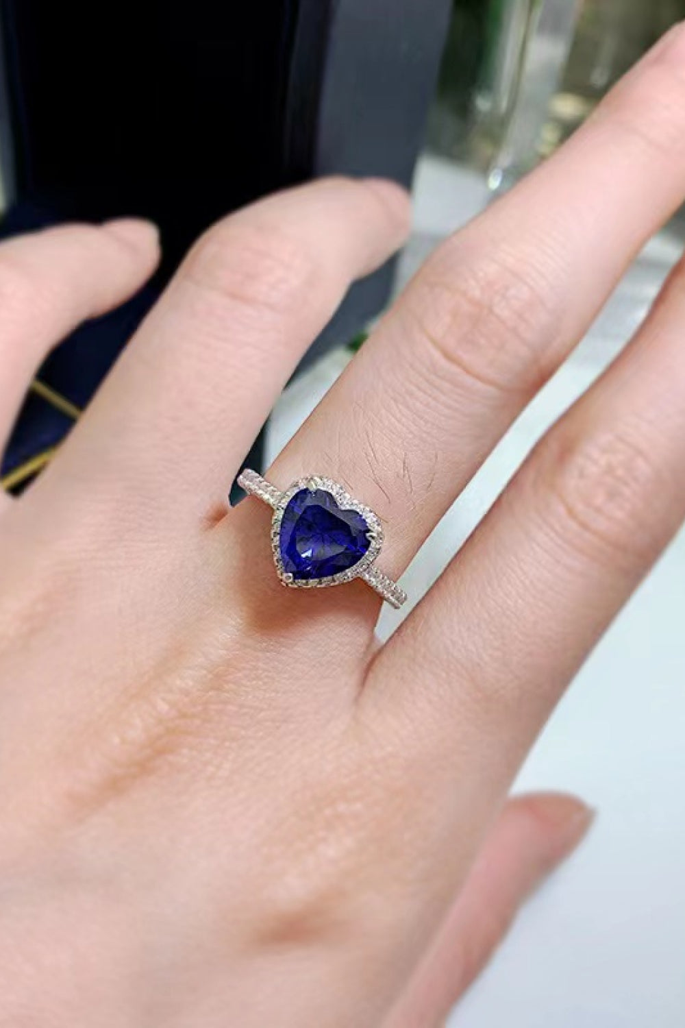 2 Carat Blue Moissanite Heart-Shaped Side Stone Ring - Sparkala
