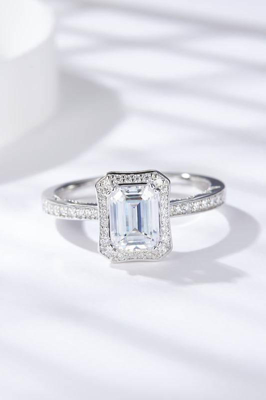 1 Carat Emerald-Cut Moissanite Platinum Over Pure Sterling Silver Halo Ring - Sparkala