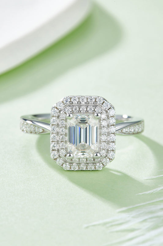 Adored 1 Carat Emerald-Cut Moissanite Platinum Over Pure Sterling Silver Side Stone Ring