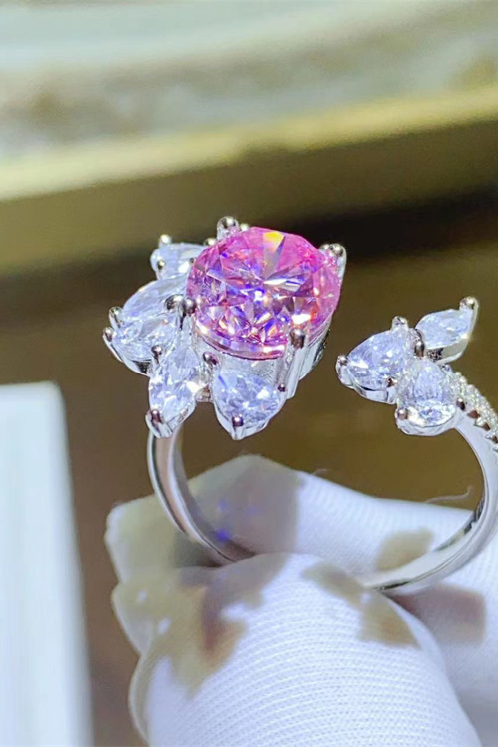 3 Carat Pink Oval-Cut Moissanite Platinum Over Pure Sterling Silver Open Ring - Sparkala