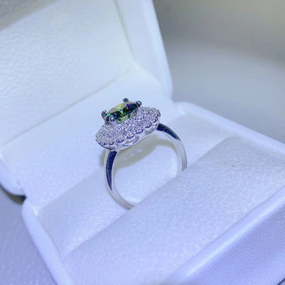 2 Carat Green Round Green Round Brilliant Cut Moissanite Pure Sterling Silver Halo Ring - Sparkala