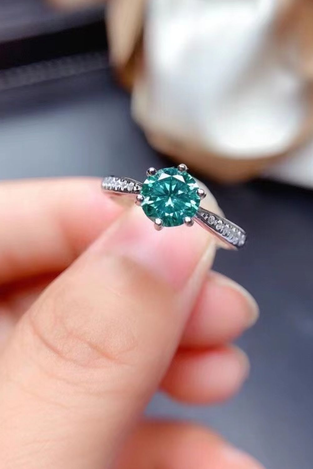 All For You 2 Carat Green Brilliant Round Cut Moissanite Platinum Over Pure Sterling Silver Ring