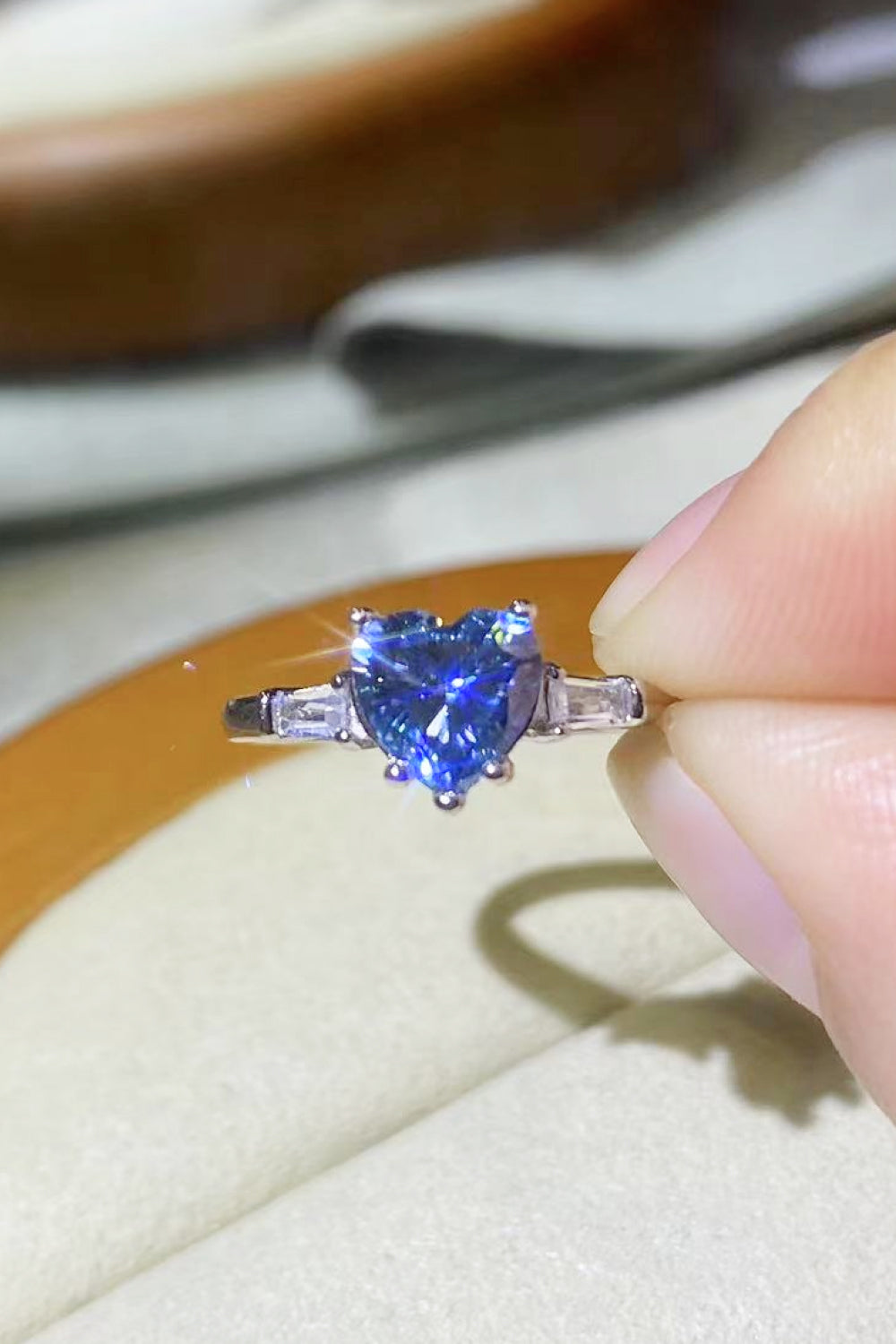 1 Carat Blue Moissanite Heart-Shaped Platinum-Plated Ring in Blue - Sparkala