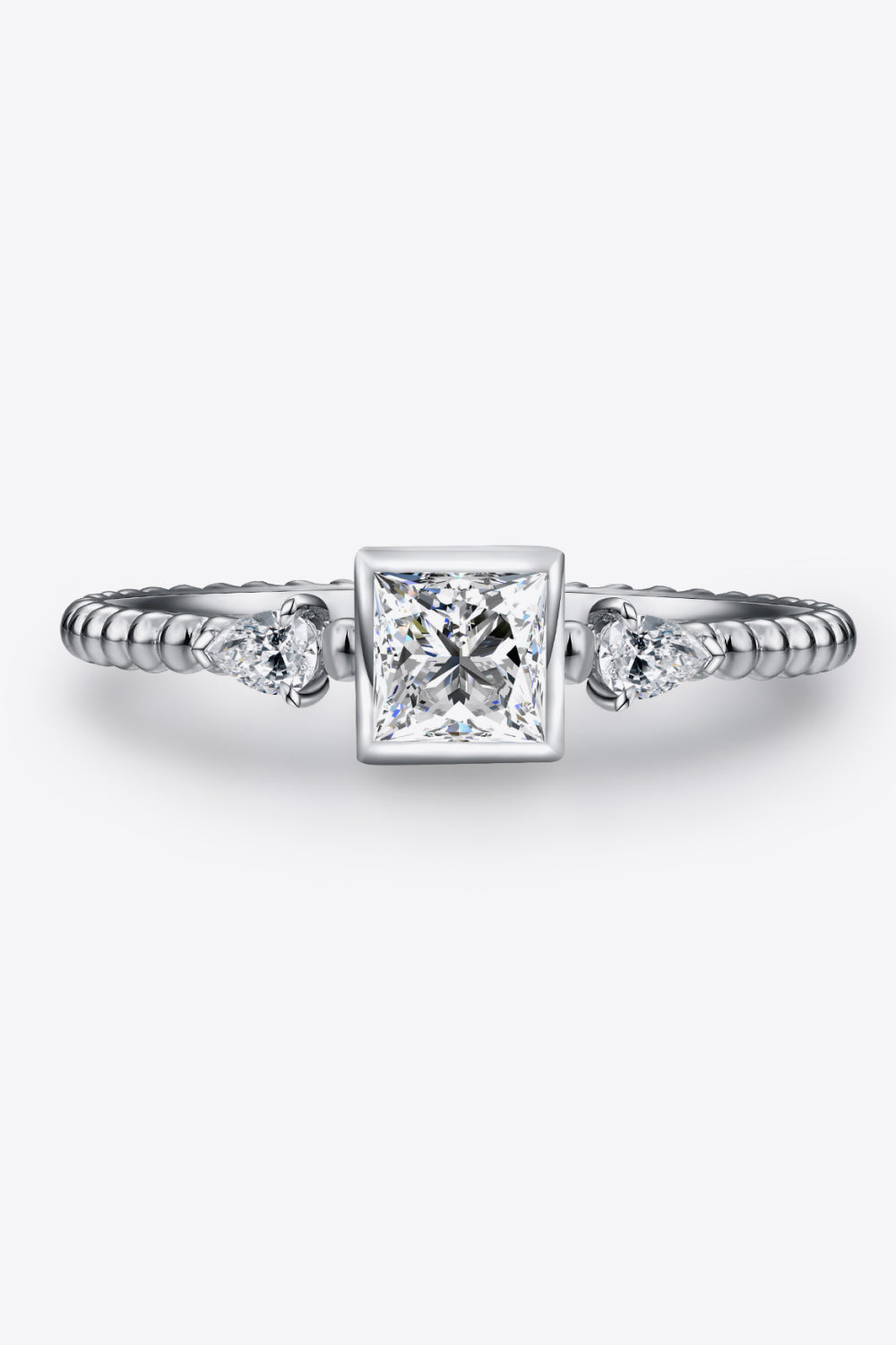 Sparkala™ Moissanite Round in Square Shaped Platinum Over Pure Sterling Silver Ring