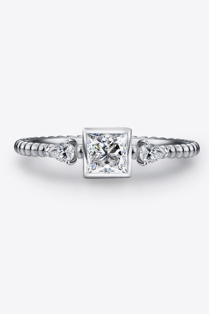 Sparkala™ Moissanite Round in Square Shaped Platinum Over Pure Sterling Silver Ring