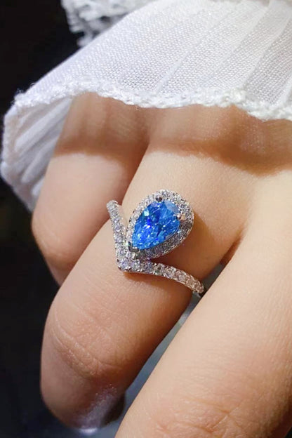 1 Carat Pear Shape Blue Moissanite Heart Ring (Platinum Over Pure Sterling Silver) - Sparkala