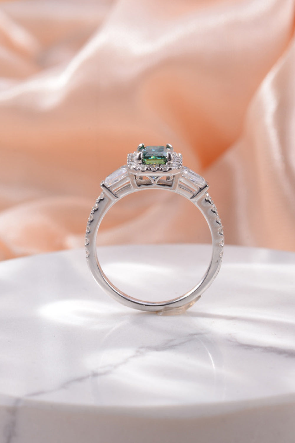 1 Carat Green Emerald-Cut Moissanite Platinum Over Pure Sterling Silver Ring - Sparkala