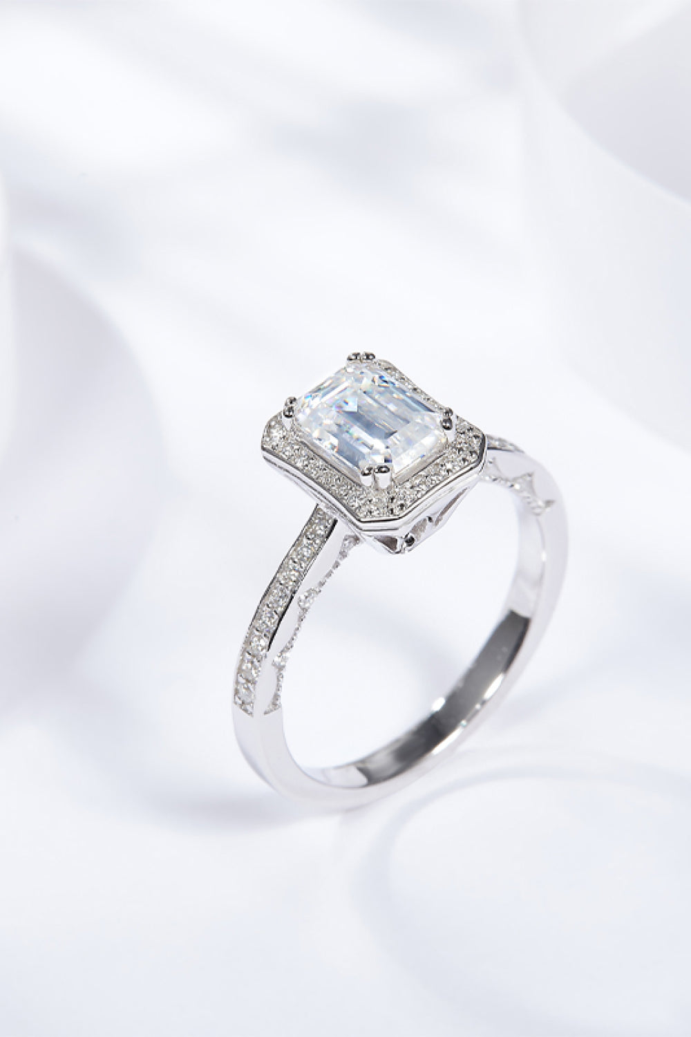 1 Carat Emerald-Cut Moissanite Platinum Over Pure Sterling Silver Halo Ring - Sparkala