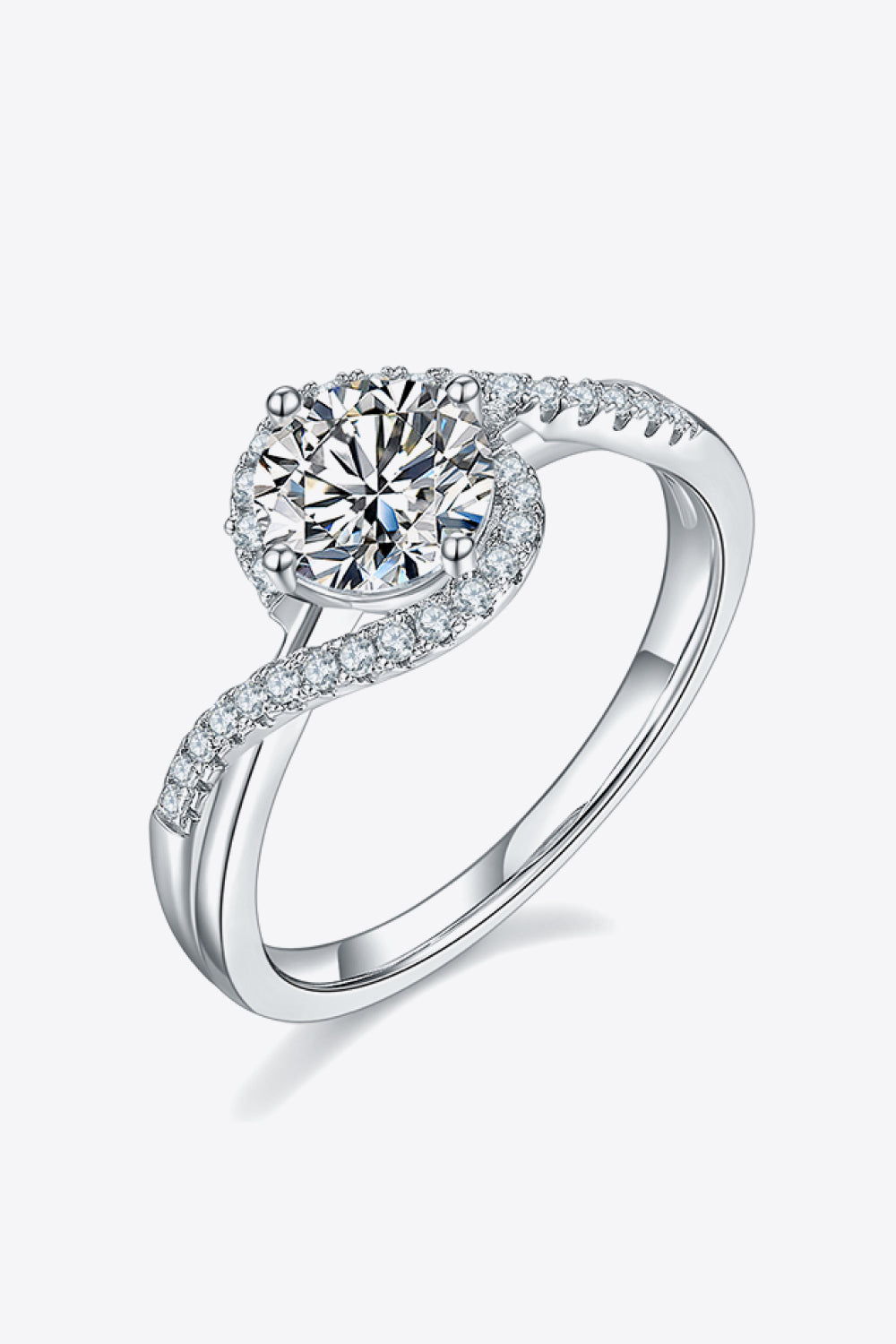 Adored 1 Carat Brilliant Round Cut Sparkala™ Moissanite Platinum Over Pure Sterling Silver Crisscross Ring