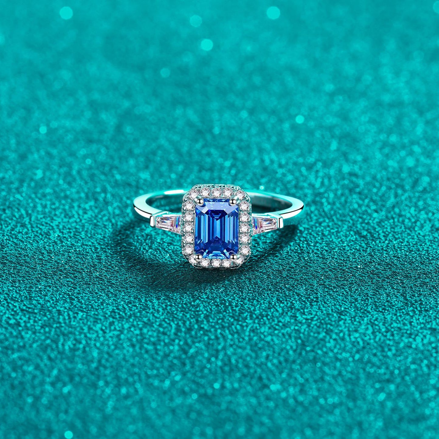 1 Carat Blue Emerald-Cut Moissanite Pure Sterling Silver Ring - Sparkala