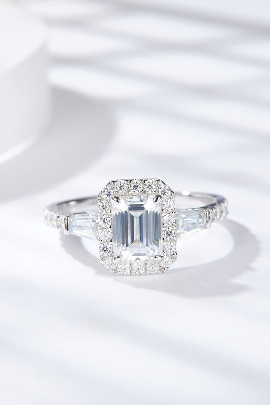 1 Carat Emerald-Cut Moissanite Geometric Platinum Over Pure Sterling Silver Ring - Sparkala