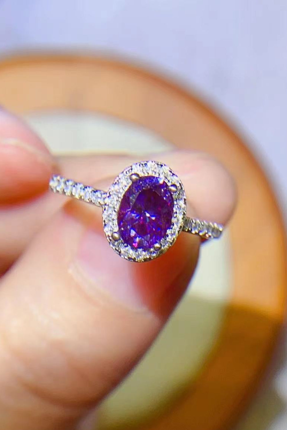 Platinum Over Pure Sterling Silver 1 Carat Purple Purple Oval-Cut Moissanite Ring
